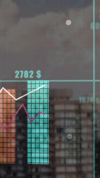 Animating financial data charts and graphs over cityscape background