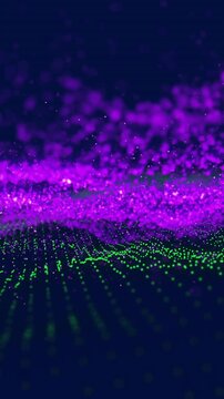 Purple and green particle waves moving over dark background