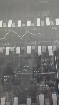 Animating financial data charts and graphs over cityscape background