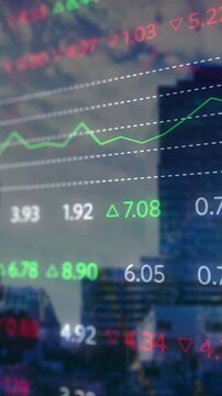 Animating stock market data over cityscape with skyscrapers in background