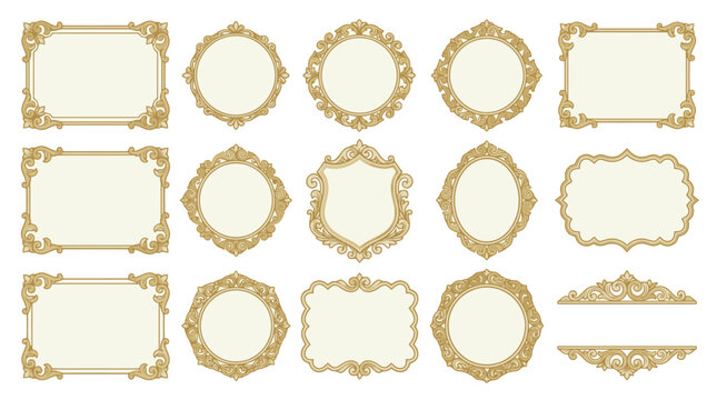 Set of luxury vintage gold ornate frames borders and decorative baroque labels. EPS Editable