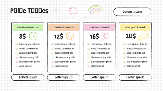 Editable Pricing Table template for showcasing plans, packages, features, prices and subscription options in a professional comparison layout.