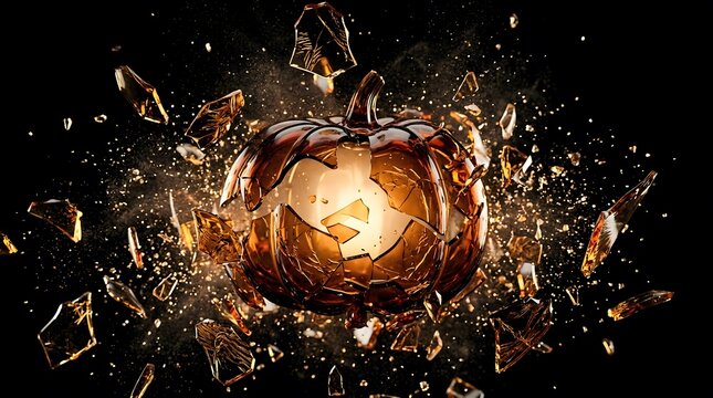 Glowing Glass Pumpkin Shattering with Exploding Shards on Black Background