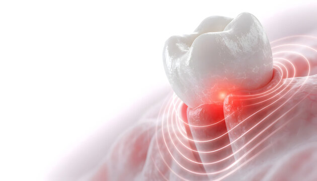Severe gum inflammation and acute dental pain. Periodontal disease and infection treatment. Tooth model showing red irritated tissue with pain pulses