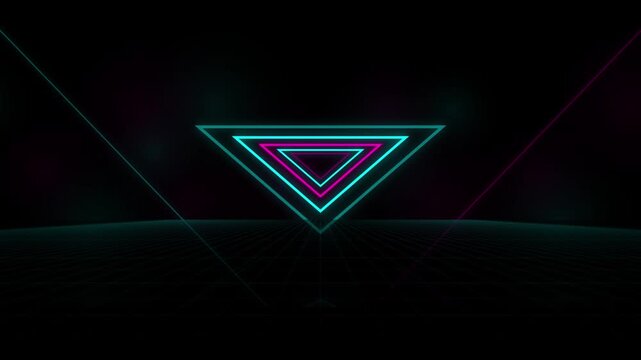 Futuristic neon triangles tunnel animation with grid background, retro wave motion graphics.