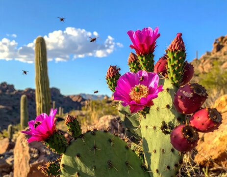 Pink prickly pear flowers blooming in a desert landscape.