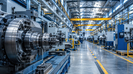 Fototapeta premium Industrial factory interior with machinery and equipment lined along a spacious, well-lit production floor.
