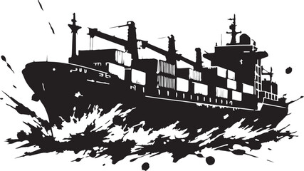  A black and white silhouette of a cargo ship in dynamic ink splash style vector with transparent background. © Umar