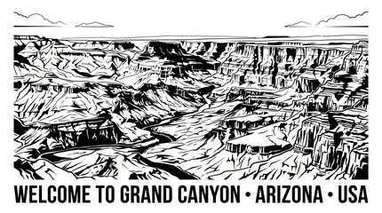 Obraz premium Very beautiful black and white vector of the Grand Canyon featuring dramatic layered cliffs, winding river, and WELCOME TO GRAND CANYON • ARIZONA • USA, isolated on white background, no gradients.