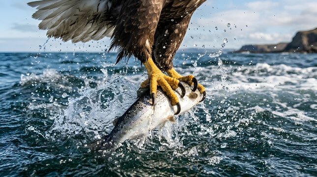 A formidable hunting eagle catches a fish from the sea.
