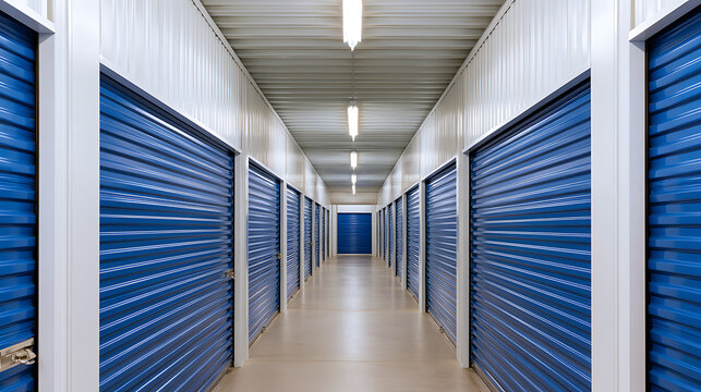 A long indoor corridor with numerous blue metal roll up doors lining both sides inside a commercial self storage facility building unit