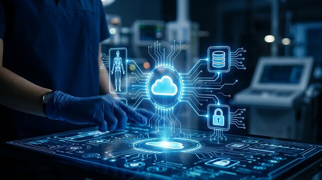 Futuristic medical cloud computing interface, doctor using digital healthcare network, smart hospital database system