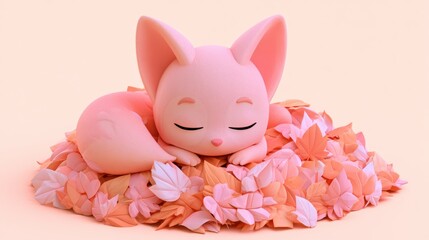 Fototapeta premium A 3D fox character relaxes in colorful leaves, highlighting its cute features and soft shape against rustic colors.