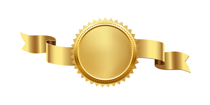 Gold medal with horizontal ribbon. 3d golden award badge isolated on white. Design element for labels, certificates, prizes, winners, sales, discounts, diplomas. Realistic vector illustration.