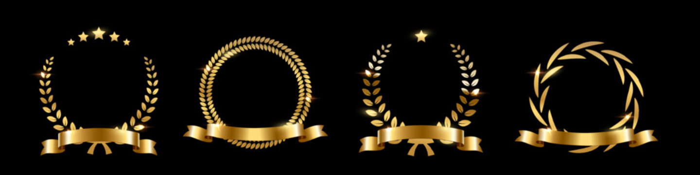 Gold award laurel wreaths with stars, ribbon and empty place for name of winner. Golden prize for awarding ceremony, championship, best player, diploma. Quality certified icon. Vector illustration.