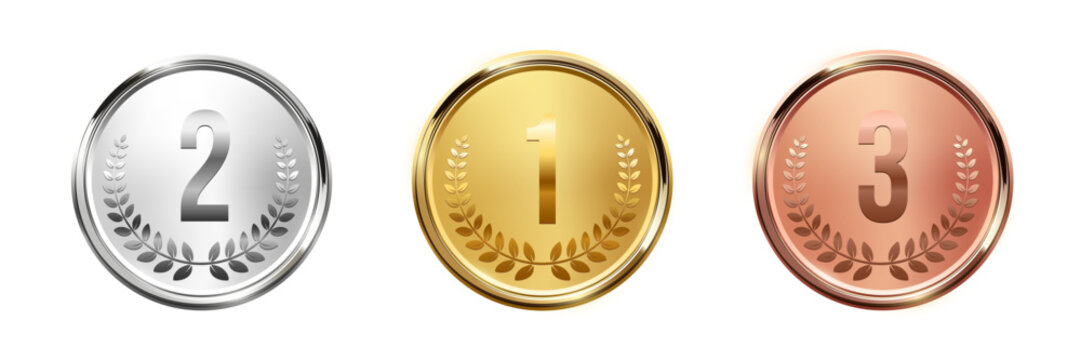 Gold, silver, bronze medals. Realistic 3D metallic round award medals , symbolizing first, second, third place in sports, competitions, athletic events. Winner emblems. Vector illustrations set.