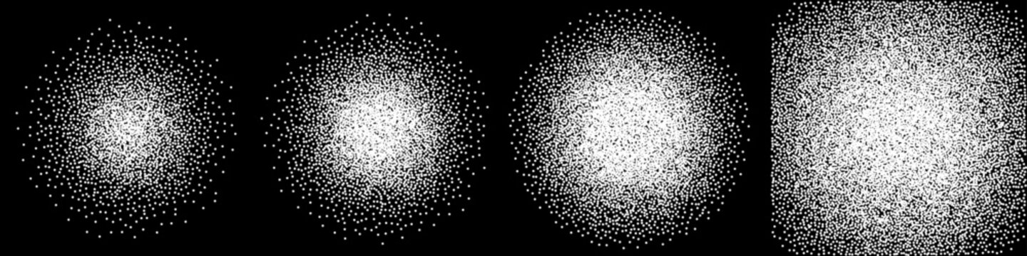 Stipple dot circles and square. Grain noise backgrounds. Stipple circular patterns with dense white dots on black background, and gradients from center to edges. Minimal abstract vector illustration