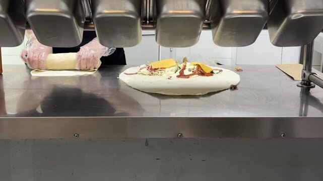 Complete shawarma preparation shows seasoned meat roasting on a vertical rotisserie, flatbread filled and wrapped, then unwrapped and bitten to reveal the juicy filling inside. Close up.