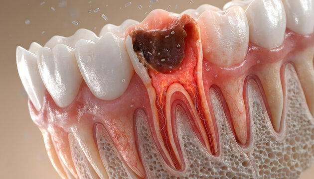Tooth decay cross section showing deep cavity and nerve damage. Dental healthcare and treatment. Cross section of infected molar tooth with inflamed pulp and gums