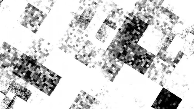 Abstract pixel glitch pattern black white digital noise animation featuring shimmering monochromatic squares for tech or artistic backgrounds.