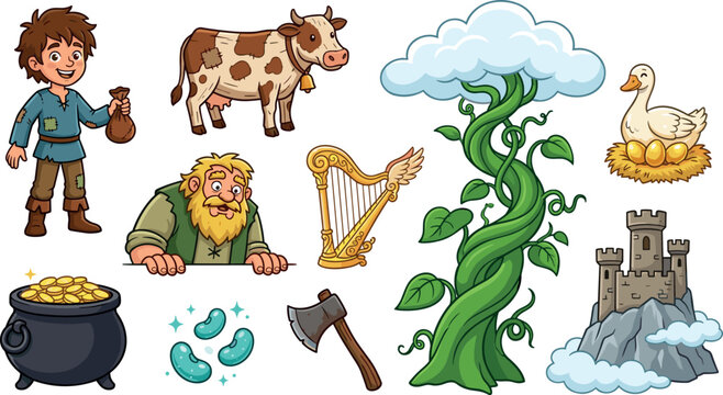 Jack and the Beanstalk Fairy Tale Vector Illustration Set with Characters Giant Castle Magic Beans Goose and Golden Egg Story Elements