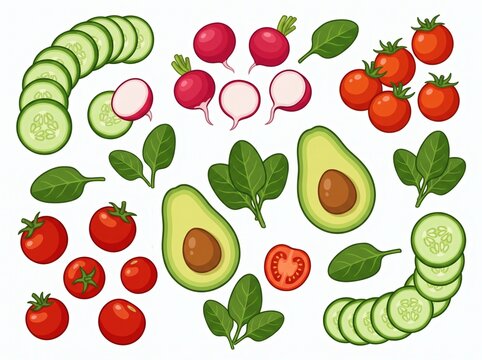 Fresh salad ingredients featuring sliced cucumbers cherry tomatoes radishes spinach and avocado halves cucumber vegetable ingredient nutrition isolated background illustrated vegetarian