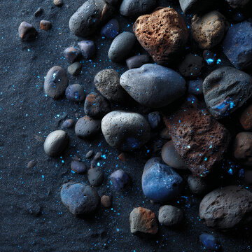 Bioluminescent glowing rocks and volcanic stones on black sand