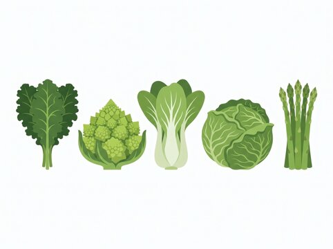 Selection of fresh green vegetables isolated on white background with bok choy vegetables romanesco asparagus ingredients vegetarian nutrition agriculture cruciferous wholesome botanical