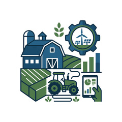 Naklejka premium Smart agriculture illustration with tractor and data tablet.
