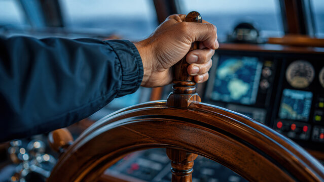 A hand firmly gripping a wooden ship wheel inside a vessel's control room with navigation instruments visible in the background.