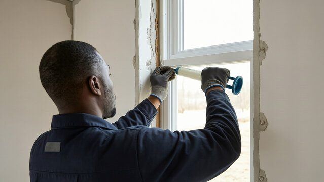 Professional construction worker installing window frame during residential renovation skilled contractor wearing protective gloves using caulking applicator around modern glass window unfinished plas