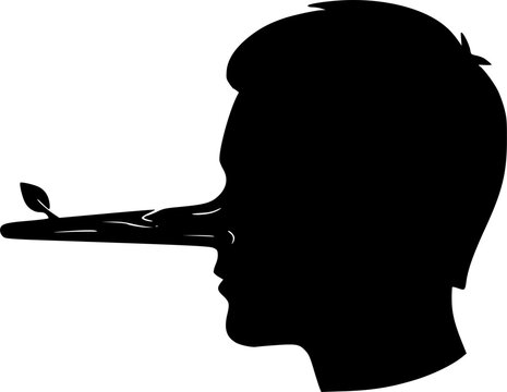Blue silhouette human head illustration featuring long pinocchio nose representing deceit concept in flat vector design
