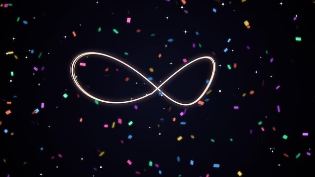 Neon infinity sign animation glowing on dark background with colorful falling confetti for festive celebration backdrop.