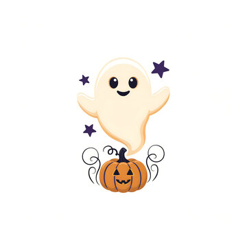 A cute friendly ghost floating above a smiling orange pumpkin isolated on a transparent background