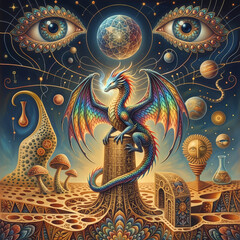 Obraz premium Surreal cosmic dragon in a psychedelic geometric landscape with esoteric symbols