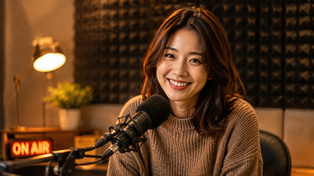 A smiling woman speaking into a microphone in a cozy podcast studio with soundproofing panels and warm lighting.