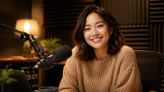 A smiling woman in a cozy sweater speaks into a professional microphone in a warmly lit, soundproof podcast or recording studio.