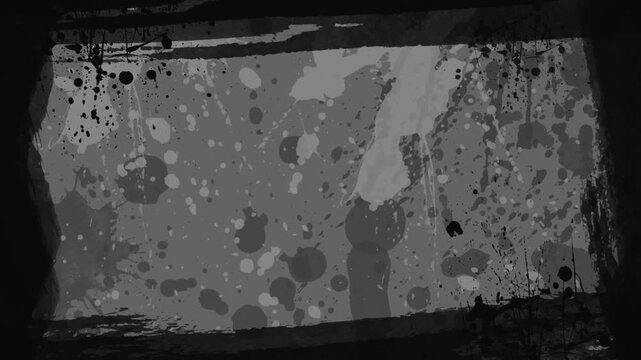 Dark monochrome grunge and paint splashes stop motion video loop with bold messy painted wall texture and black border frame