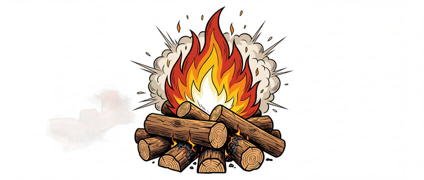 Campfire with burning wooden logs and bright flames in a comic illustration style with puffing smoke clouds and sparks, perfect for camping stickers, outdoor badges, and adventure hiking prints
