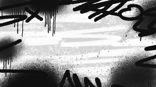 Dark monochrome grunge graffiti wall background loop with paint splatter texture and abstract black border frames