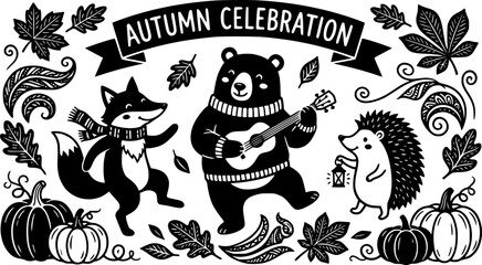 Obraz premium Cute forest animals celebrating autumn in this vibrant vector illustration featuring pumpkins and falling leaves 