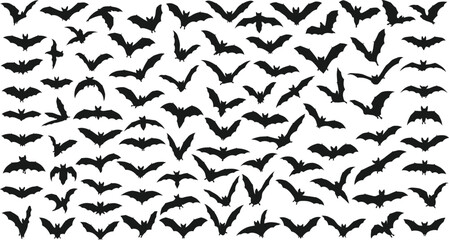 Fototapeta premium Halloween bat silhouettes collection, black flying bat icons set, spooky nocturnal animal vector elements for party decor