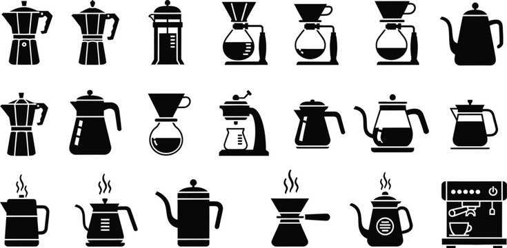 Coffee brewing equipment icons, black vector set of 20 cafe tools, professional barista coffee maker silhouettes for menu design