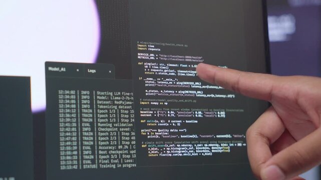 Software engineer check the dashboard information of coding systems and cyber security. Professional development verifying code writing with artificial intelligence. Data center programmer performance