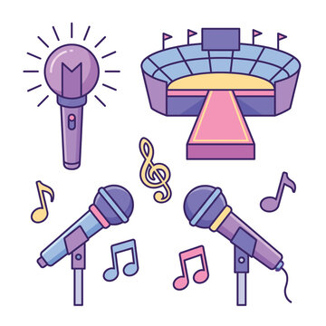K-pop concert elements with microphones, light stick, stadium, and musical notes.