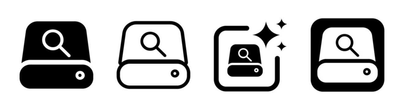 Hard drive disk icon with magnifying glass symbol for data search and storage analysis concept