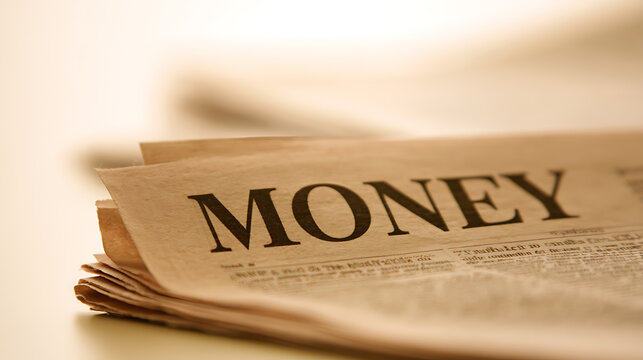 A close up view of a vintage newspaper stack featuring the bold headline money printed across the front page in classic retro typography style