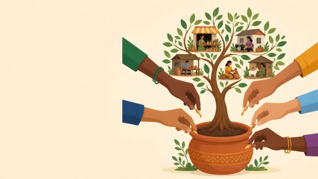 Diverse hands dropping seeds into a pot, nurturing a tree with branches showing various rural enterprises and community development