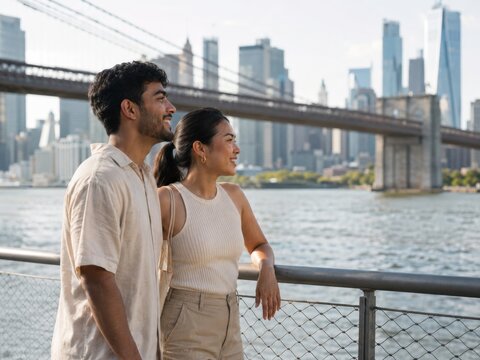 Junges multikulturelles Paar genie&szlig;t an der Brooklyn Waterfront den Blick auf Brooklyn Bridge und Manhattan und erlebt einen sonnigen Urlaubstag voller gemeinsamer Entdeckungen.