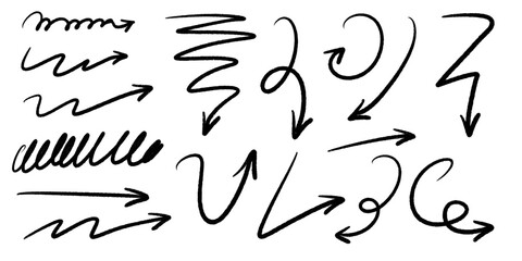 Fototapeta premium Set of hand drawn black curved and wavy arrows with scribble lines isolated on transparent background, ideal for annotations, pointers, notes and graphic design